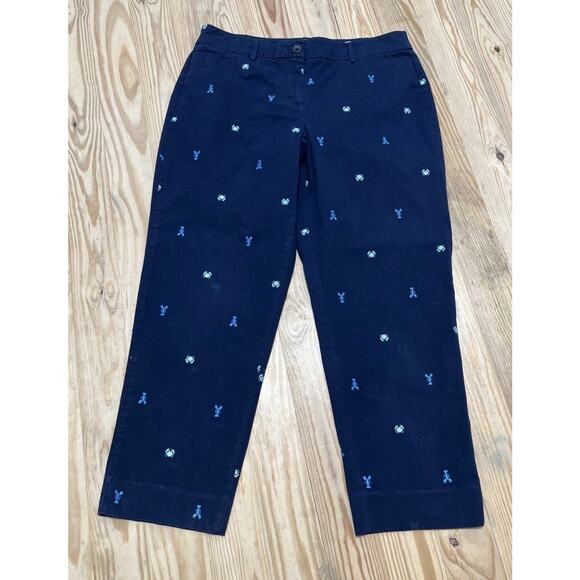 Talbots The Perfect Crop Curvy Pants Blue Embroidered Lobster Crabs Nautical 8 - Picture 1 of 6